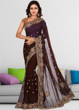 Maroon Embroidered Georgette Saree & Blouse