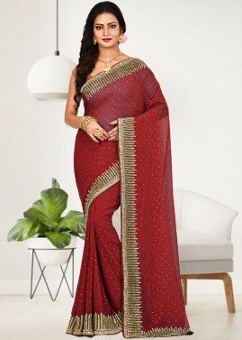 Red Georgette Saree In Stone Work