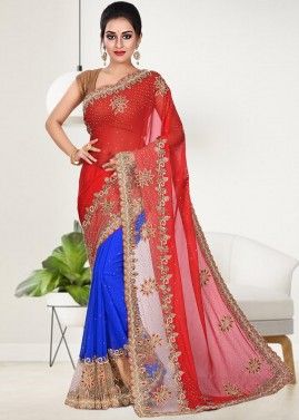 Red & Blue Half N Half  Stone Work Saree With Blouse