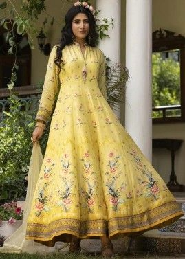 Yellow Floral Printed Anarkali Suit Set