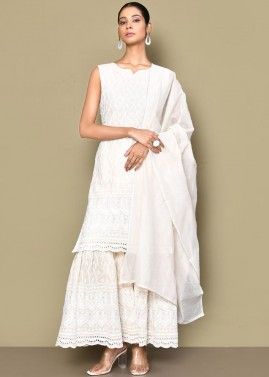 White Embroidered Readymade Cotton Sharara Suit