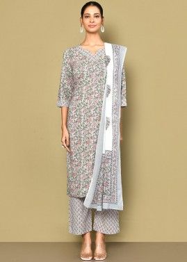 Grey Readymade Printed Cotton Pant Suit In Print
