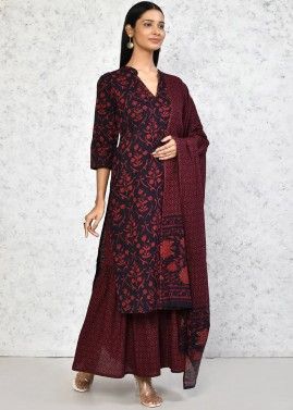 Maroon Readymade Printed Sharara Suit In Cotton