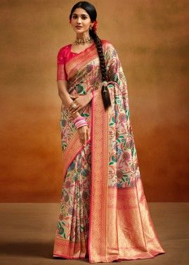 Beige Floral Print Saree In Art Silk