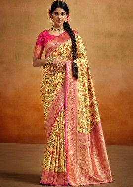 Yellow Floral Printed Saree With Blouse