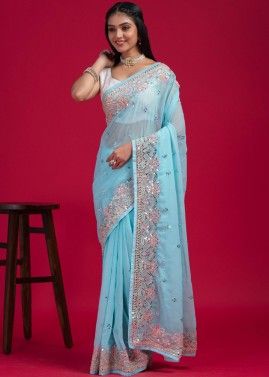 Blue Thread Embroidered Saree & Blouse