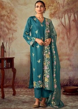 Teal Blue Embroidered Pant Suit In Art Silk