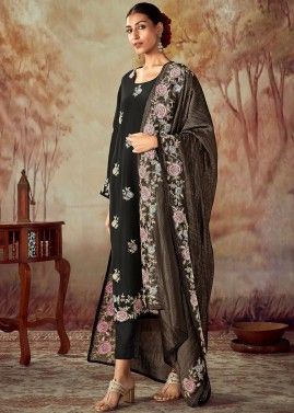 Black Embroidered Pant Suit In Art Silk