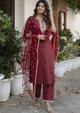 Red Embroidered Readymade Pant Suit In Cotton
