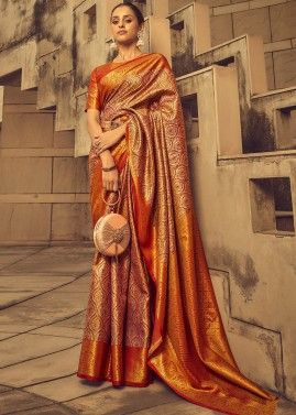 Orange Banarasi Silk Saree In Woven Work