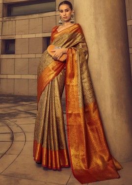 Orange Woven Detailed Saree In Banarasi Silk