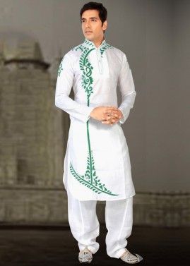 White Embroidered Cotton Kurta With Salwar