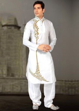White Embroidered Readymade Kurta With Salwar