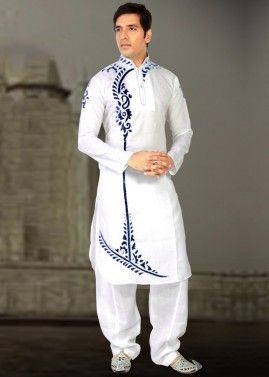 White Cotton Embroidered Kurta With Salwar