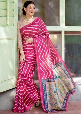 Pink Tussar Silk Saree In Leheria Print