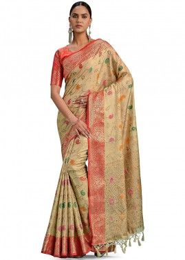 Beige Art Banarasi Silk Woven Saree