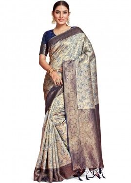 Grey Classic Style Woven Art Banarasi Silk Saree