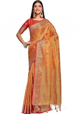 Peach Woven Saree In Art Banarasi Silk