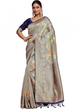 Grey Woven Kanjivaram Silk Saree With Blouse