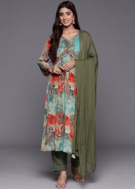 Green Readymade Floral Printed Silk Pant Suit