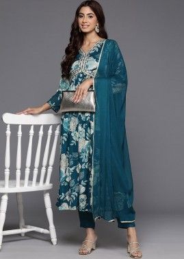 Teal Blue Floral Print Readymade Pant Suit