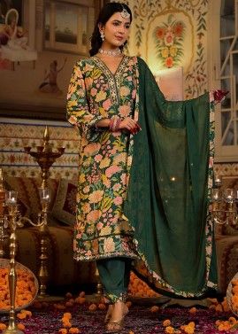 Green Readymade Pant Suit In Floral Print