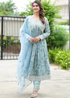 Blue Readymade Pant Suit In Floral Print