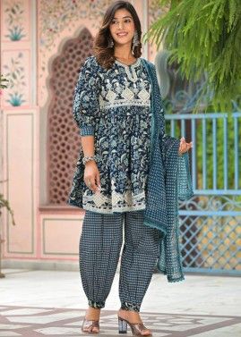 Readymade Teal Blue Floral Printed Pant Suit In Cotton