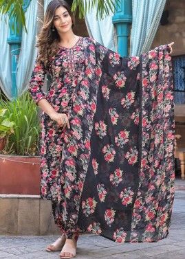 Black Floral Printed Readymade Pant Style Suit