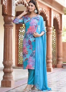 Readymade Blue Floral Print Silk Pant Style Suit