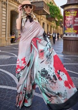 Pink Abstract Printed Saree In Crape
