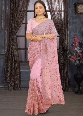 Pink Net Saree With Embroidered Pallu
