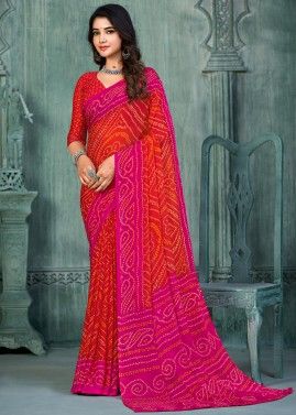 Red Bandhej Printed Saree In Chiffon