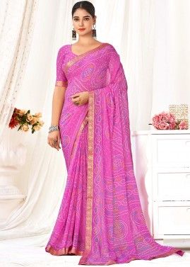 Pink Bandhej Printed Saree In Chiffon