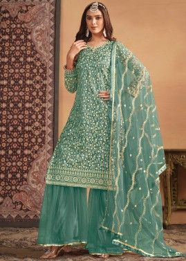 Green Dori Embroidered Gharara Style Suit