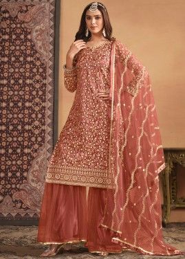 Orange Embroidered Net Gharara Style Suit