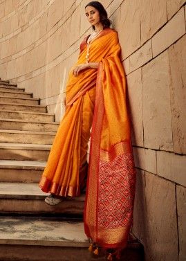 Orange Silk Saree In Bandhej Print