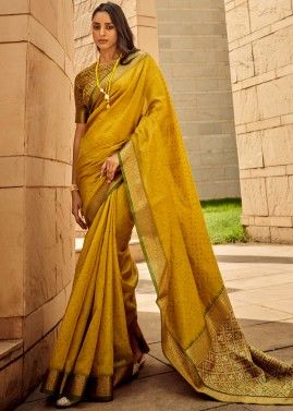 Yellow Silk Saree In Bandhani Print