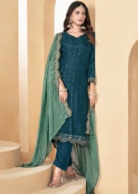 Teal Blue Cotton Pant Suit In Thread Embroidery