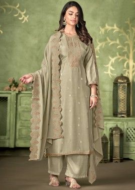 Sage Green Embroidered Muslin Pant Suit 