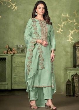 Seafoam Green Embroidered Pant Suit In Muslin