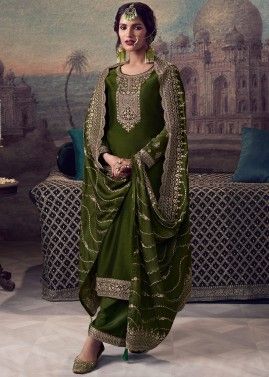 Green Resham Embroidered Art Silk Pant Suit