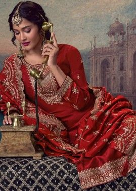 Red Resham Embroidered Pant Suit In Art Silk