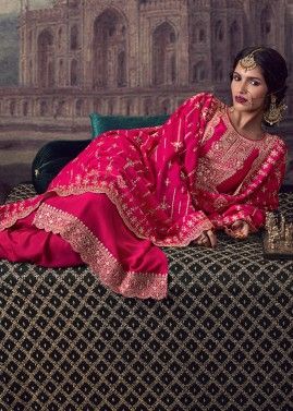 Pink Embroidered Art Silk Pant Suit Set
