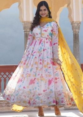 Off White Tie-Dye Printed Anarkali Suit Set