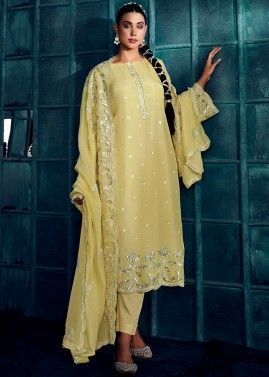 Yellow Embroidered Suit Set In Art Silk