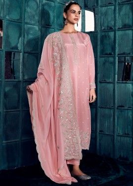 Pink Embroidered Suit Set In Art Silk