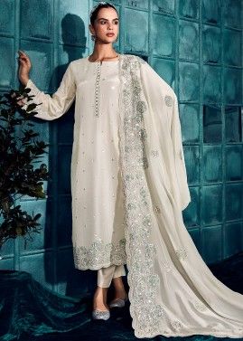 White Embroidered Suit Set In Art Silk