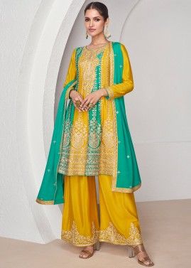 Readymade Yellow & Sea Green Embroidered Palazzo suit