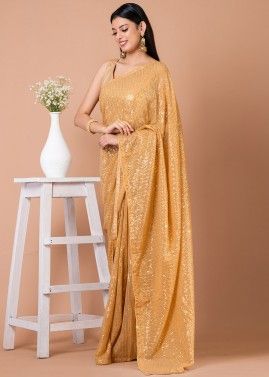 Yellow Sequins Embellished Saree In Georgette